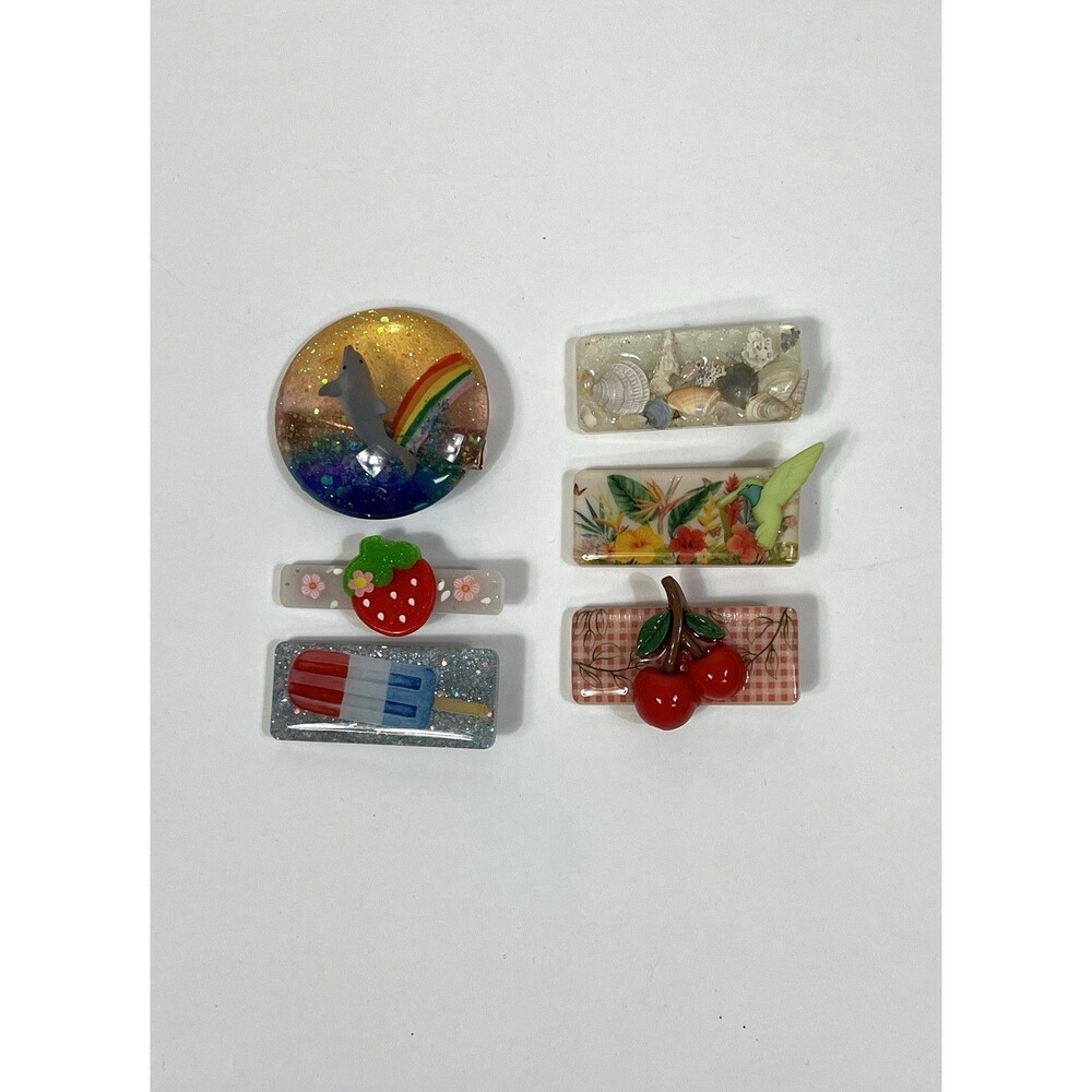 Bundle Of 6 Summertime Hair Clips! Dolphin, Cherry, Tropical, Shells, Popsicle!